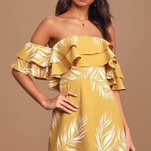 BNWT LuLus Be-Leaf the Hype Mustard Yellow Off-the-Shoulder Mini Dress